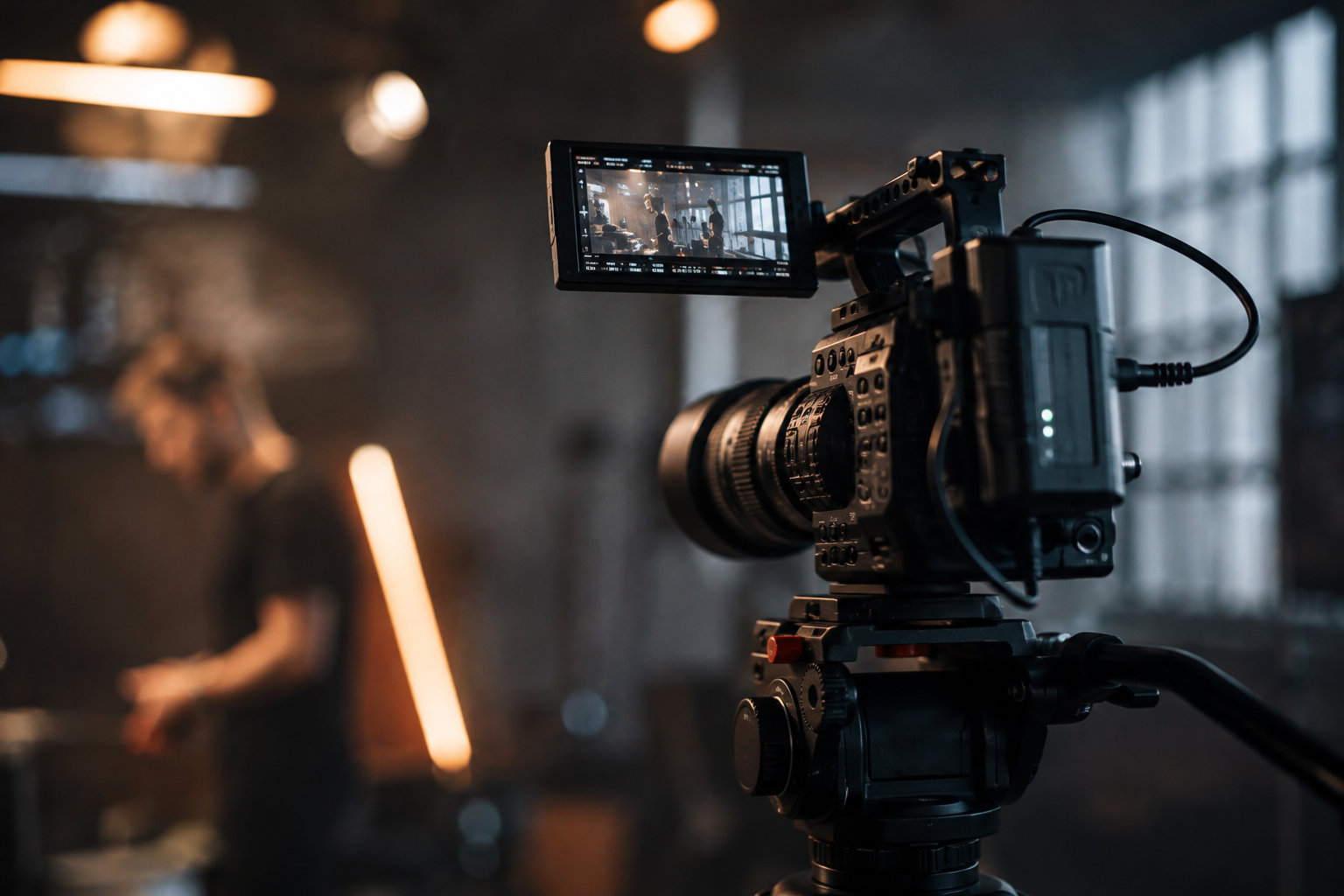 Professional cinema camera on set in a warmly lit production studio