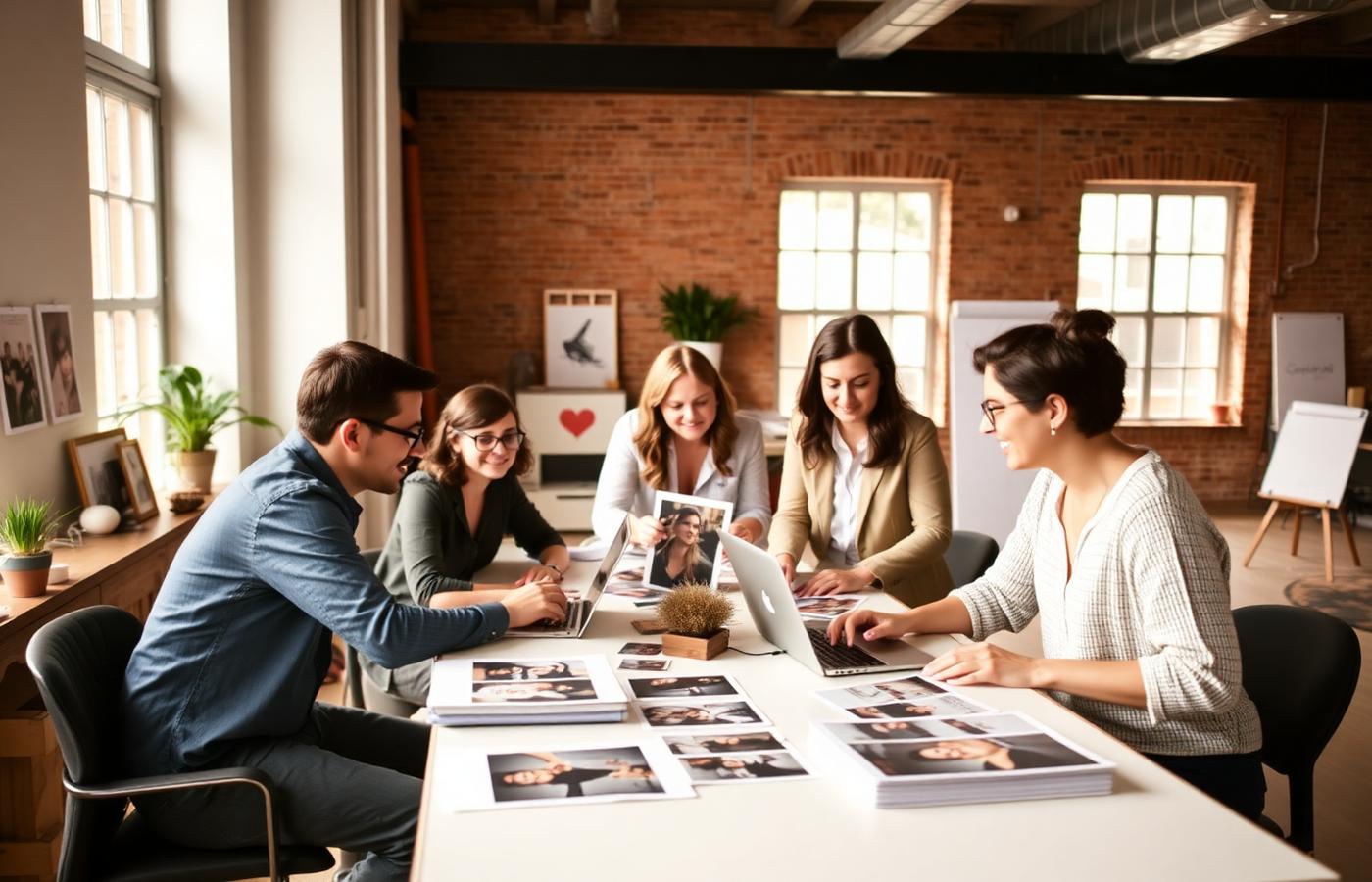 The EXPOSA team reviewing photography prints together in a bright studio
