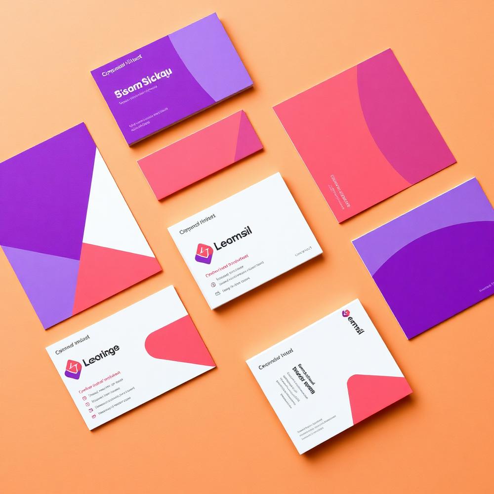 Flat lay of branded business cards and flyers in purple and coral