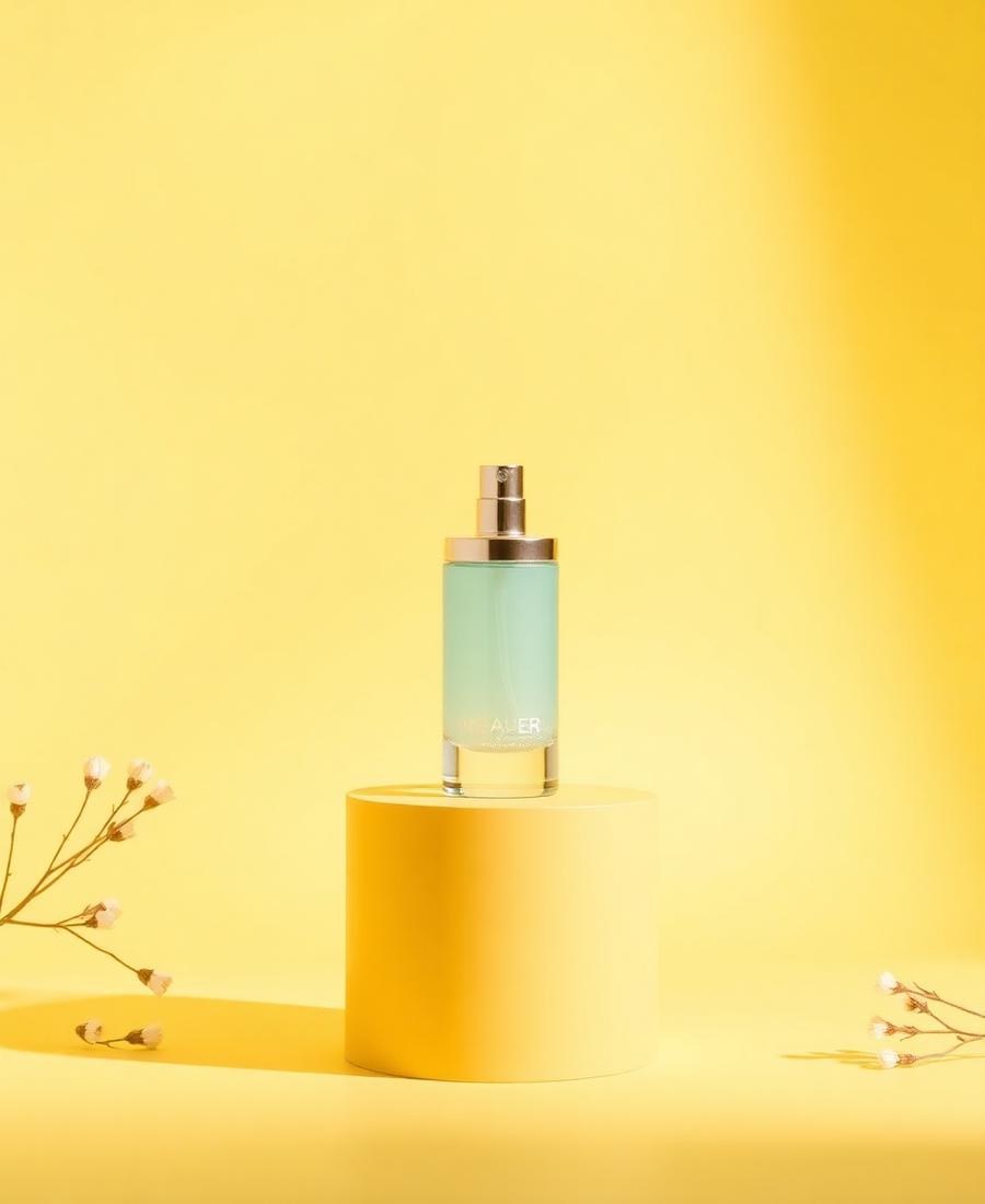 Studio product photograph of a cosmetic bottle on a yellow pedestal