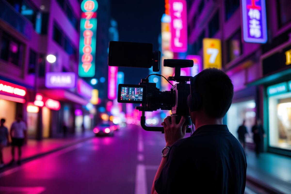 Videographer filming with a gimbal on a neon-lit city street at night