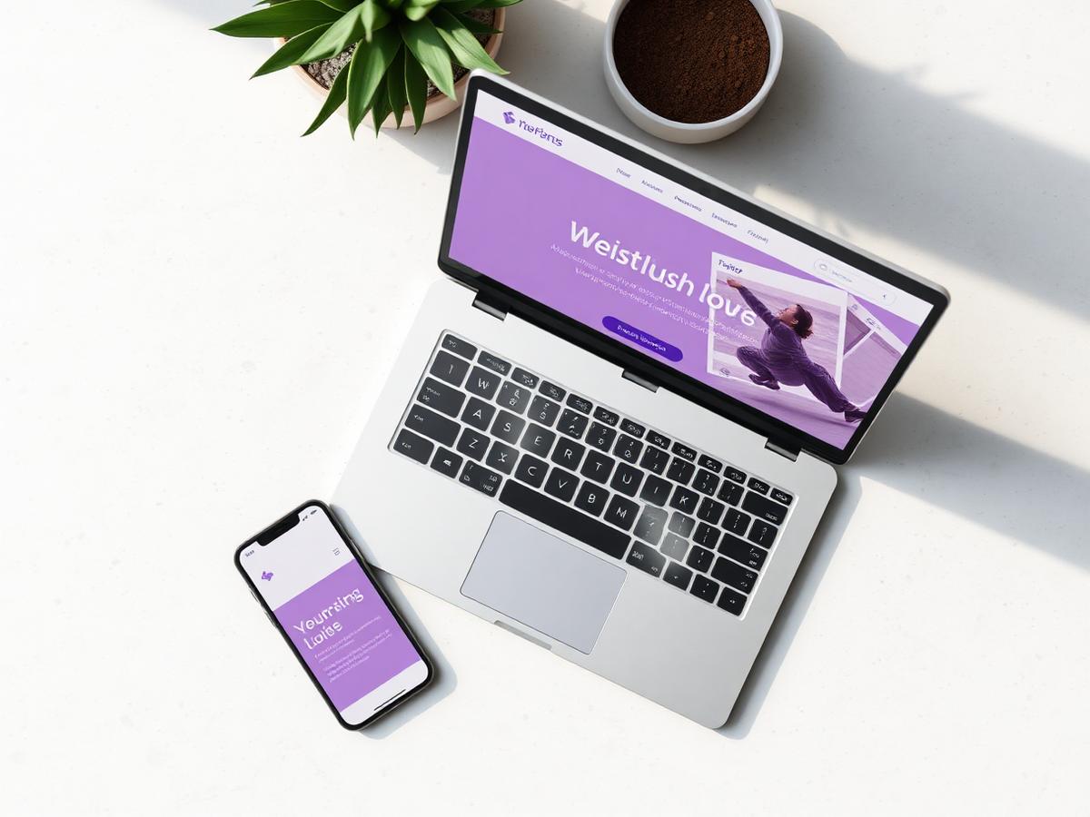 Laptop and phone showing a modern purple website design on a light desk